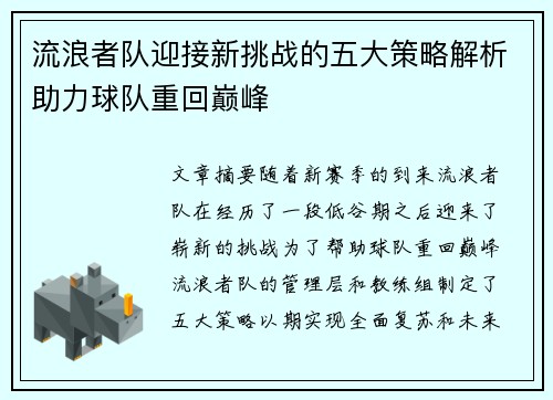 流浪者队迎接新挑战的五大策略解析助力球队重回巅峰